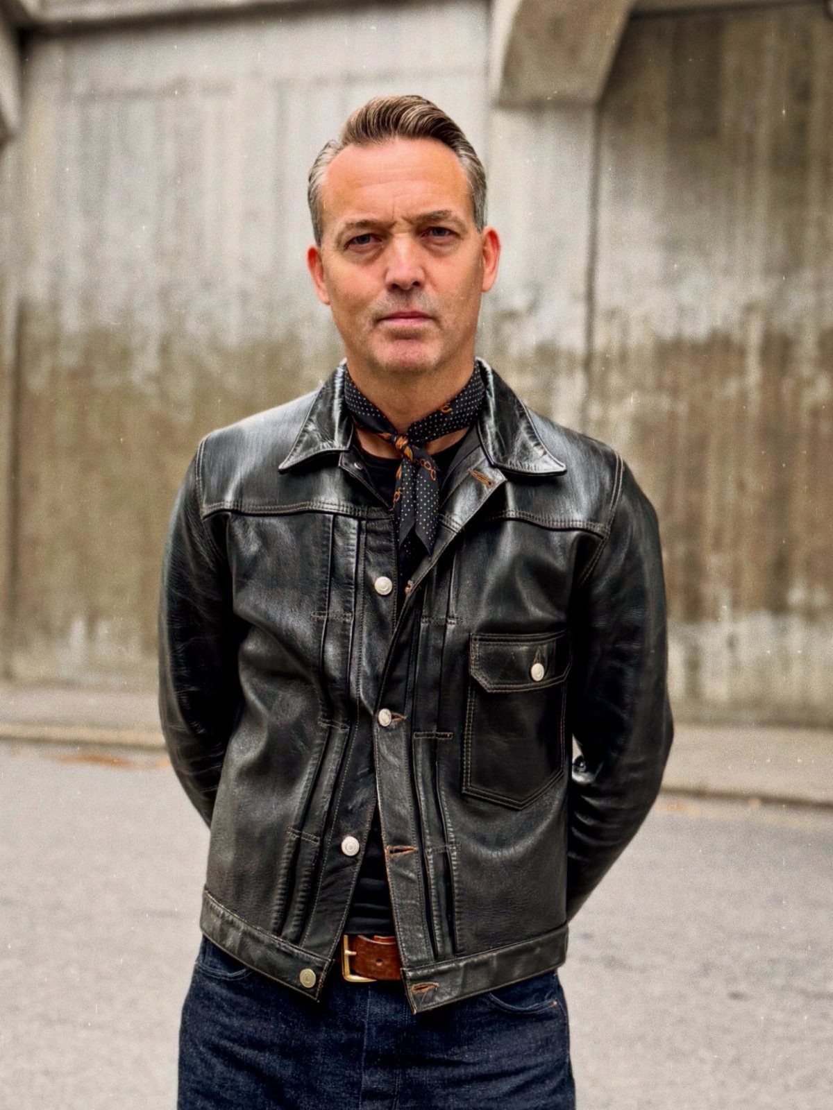 Man in black leather jacket and neck scarf posing against a concrete wall.