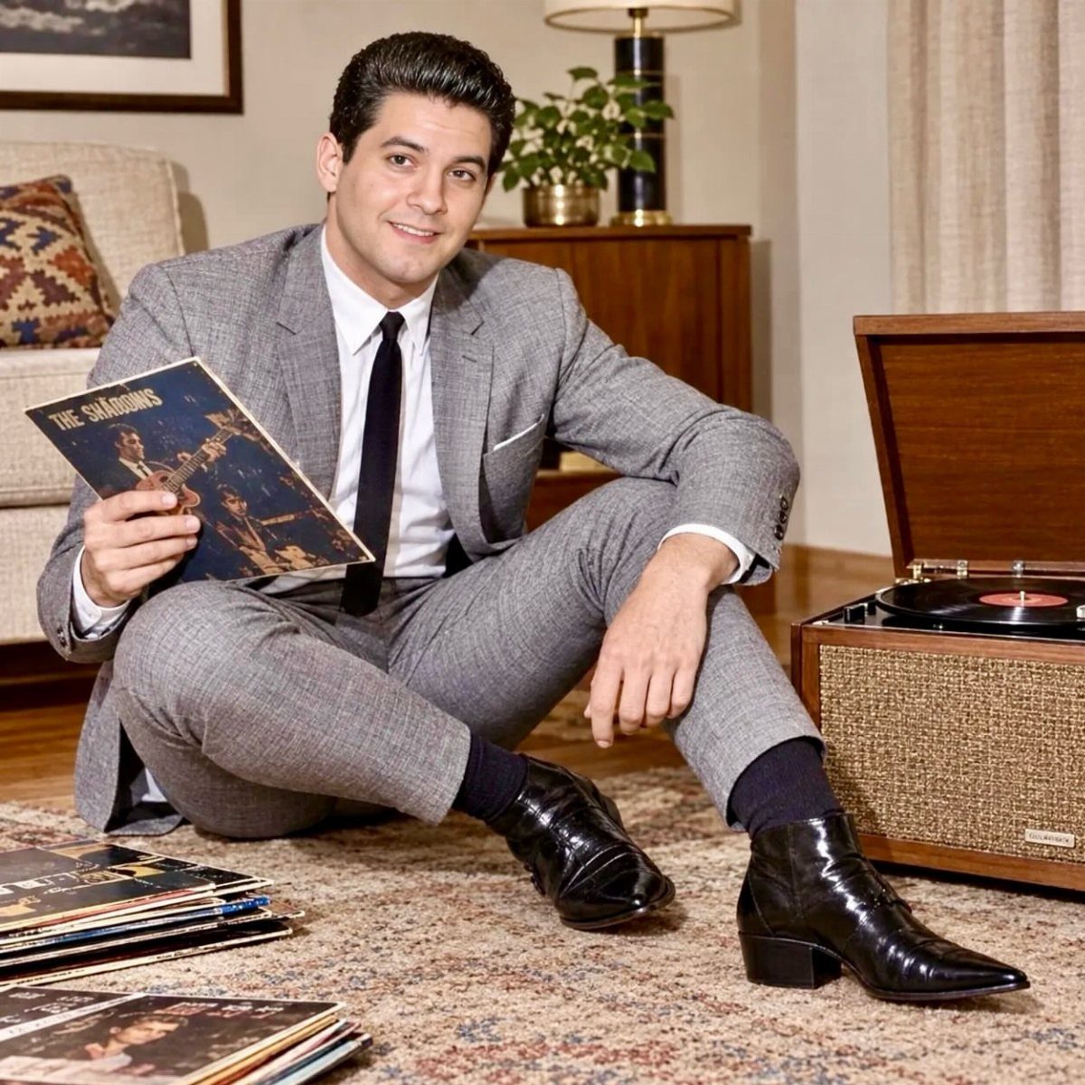 Man in a grey 1960s suit wearing black leather boots sitting by a record player