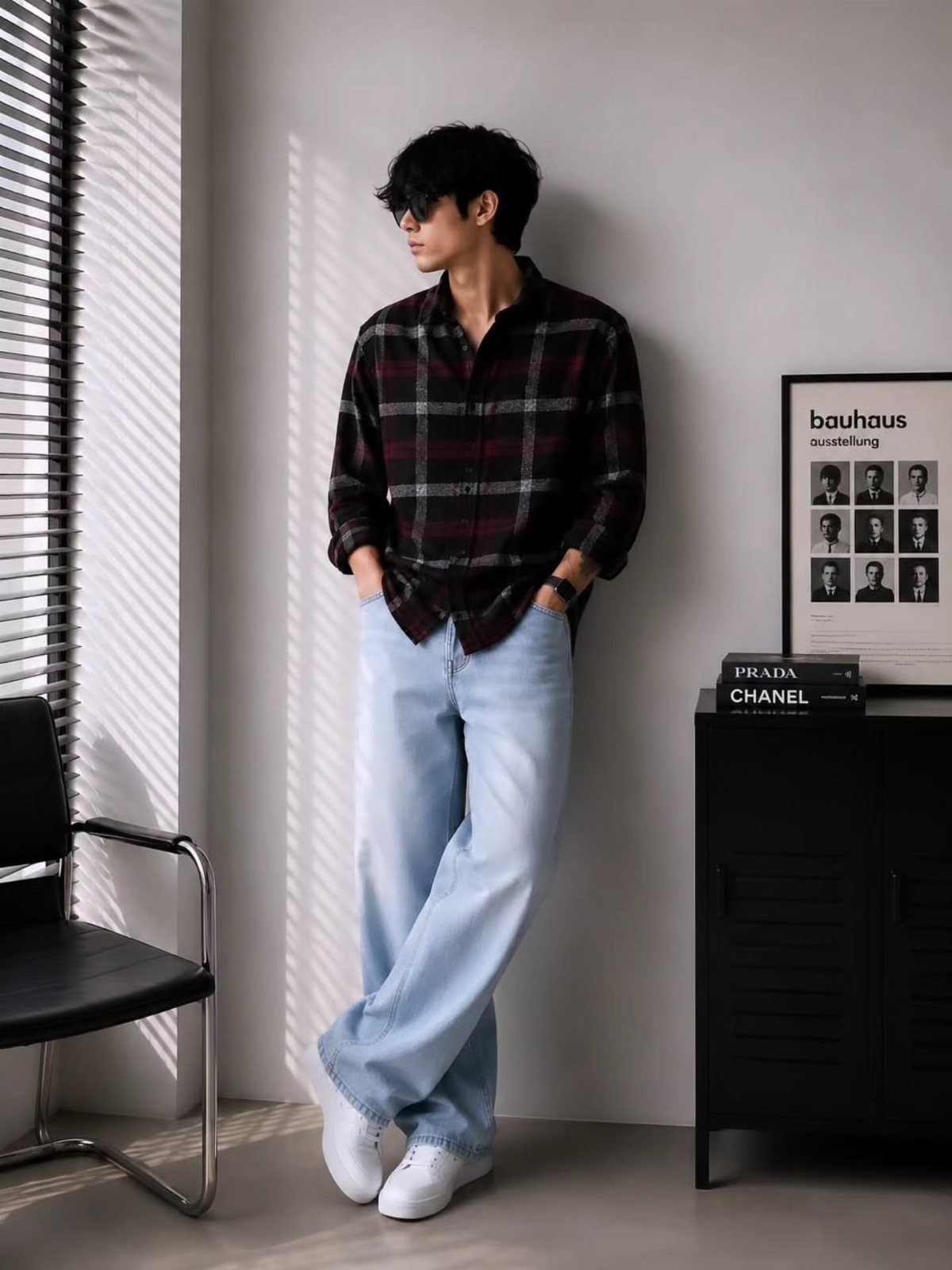 Man in plaid shirt and wide-leg jeans leaning against a white wall.