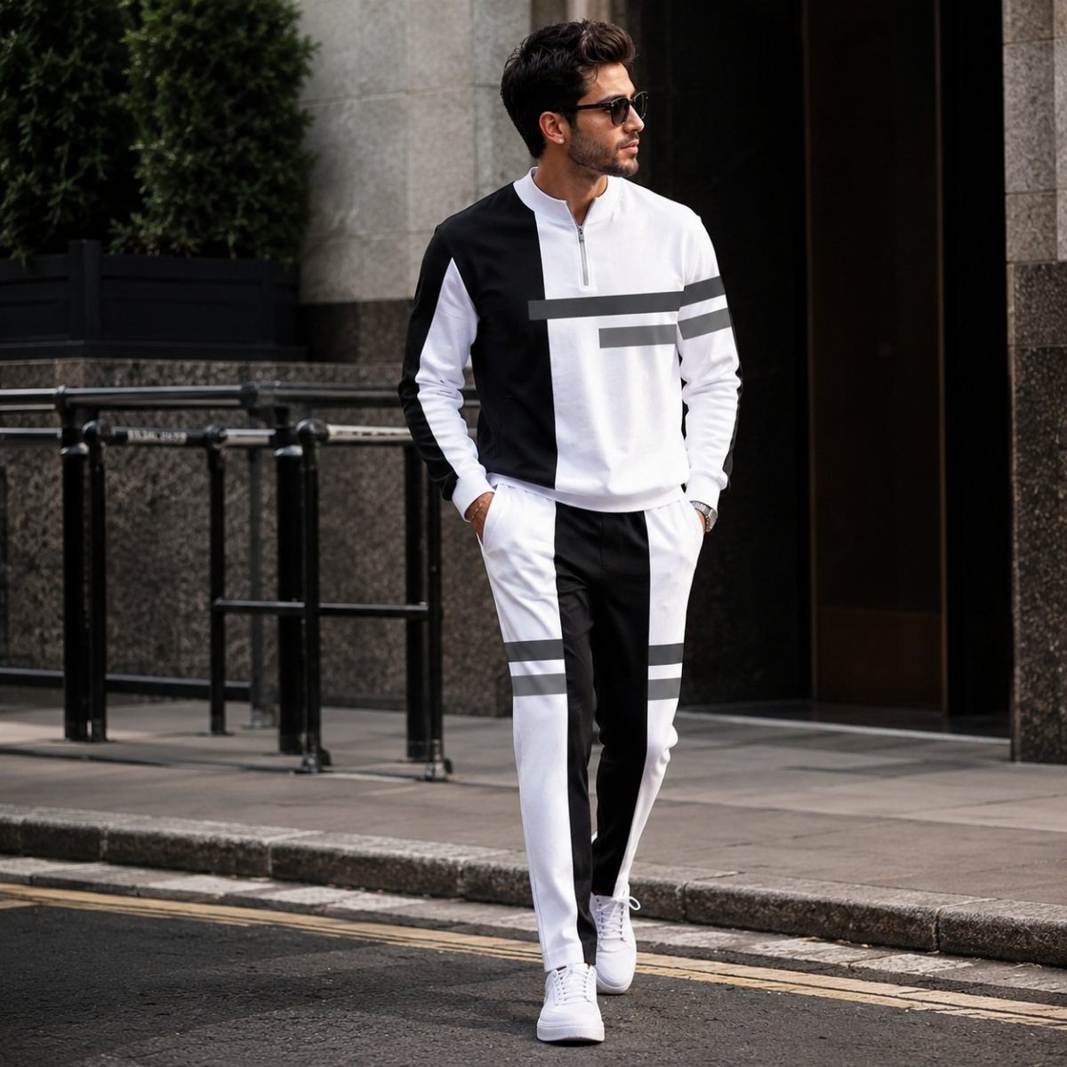 Man wearing a black and white color-blocked athletic tracksuit and white sneakers outdoors.