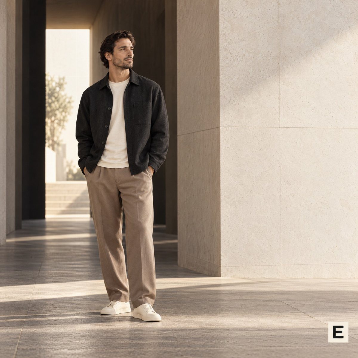 Man wearing a black shirt, white t-shirt, and tan trousers in a modern corridor.