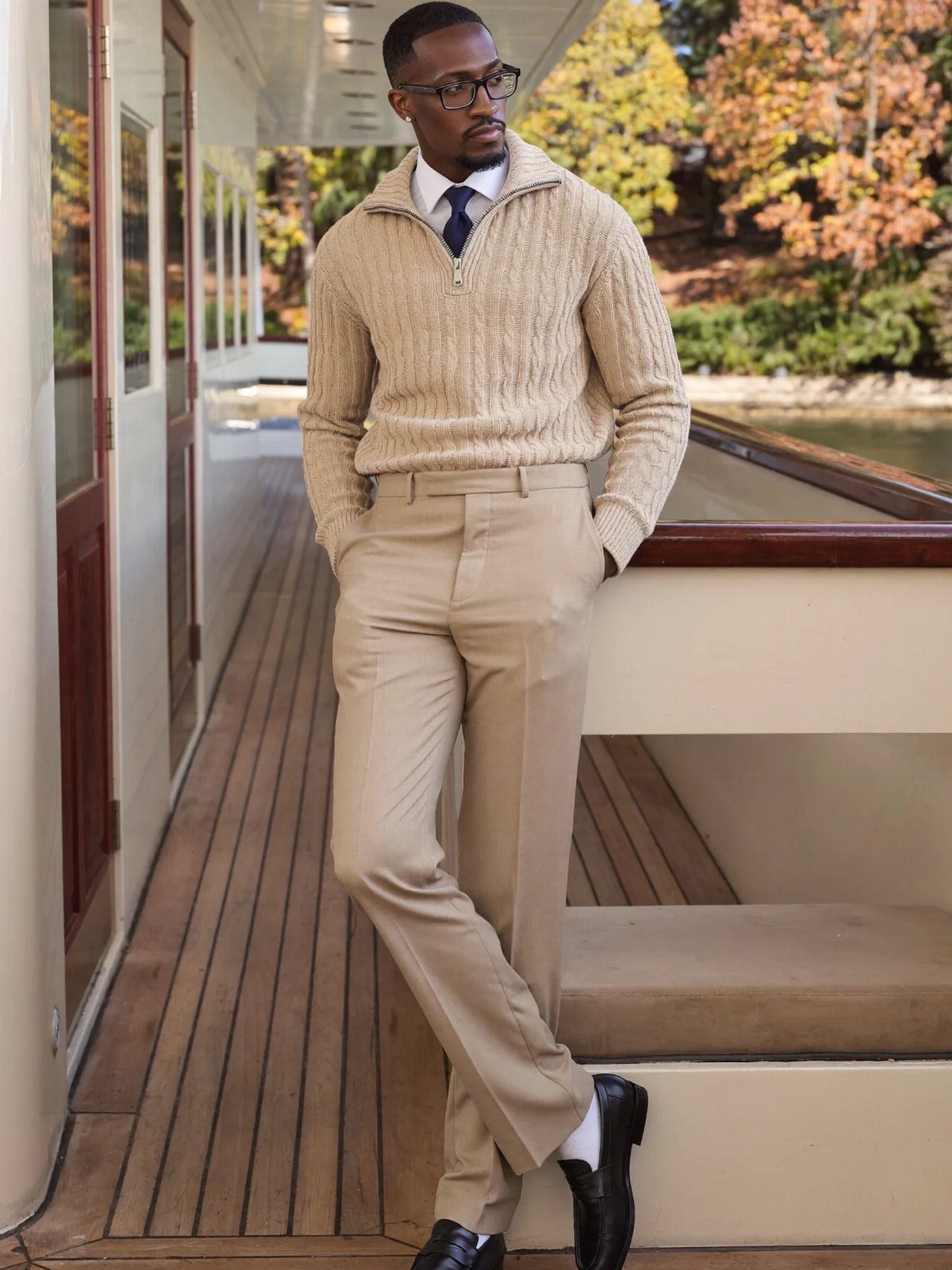 Man in beige knit sweater and trousers posing on a wooden boat deck.