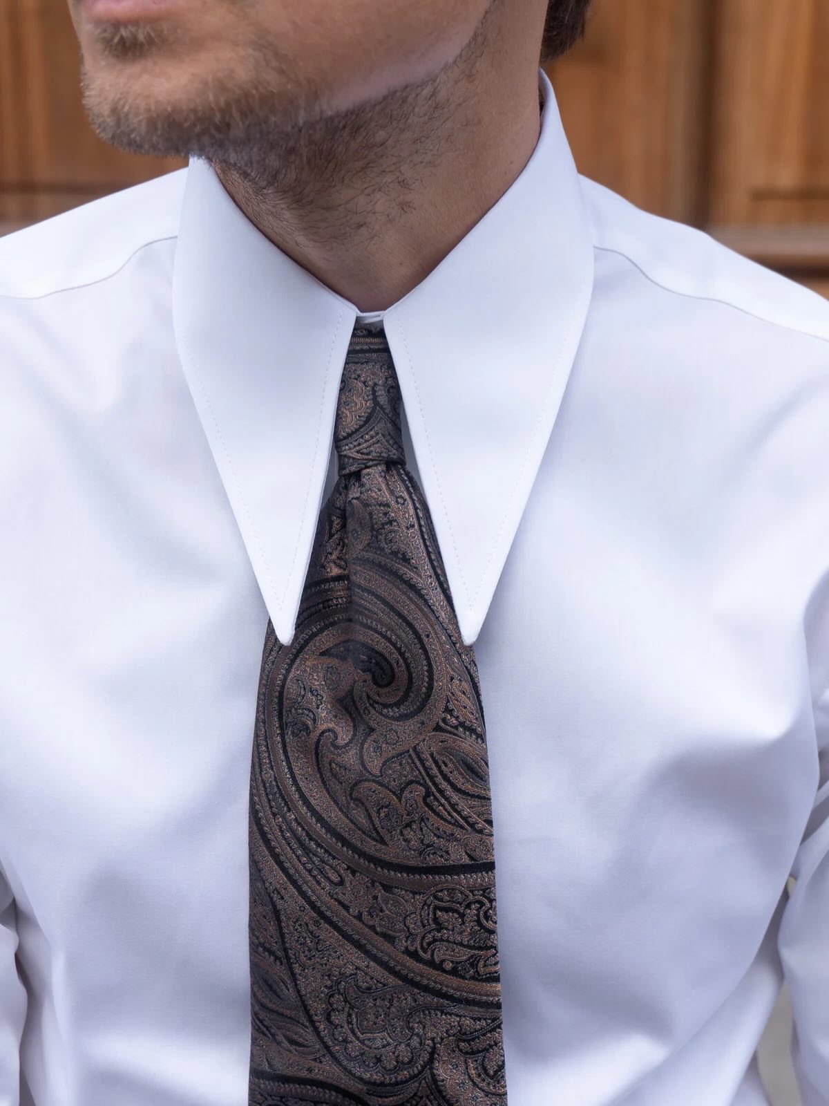White dress shirt with a pointed collar and brown paisley tie on a man.