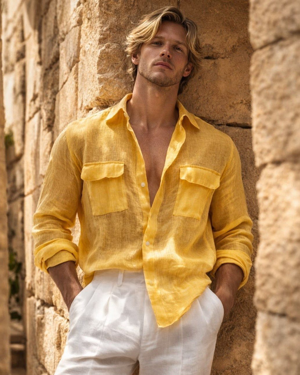 Slender man wearing a bright yellow linen shirt and white trousers against stone wall
