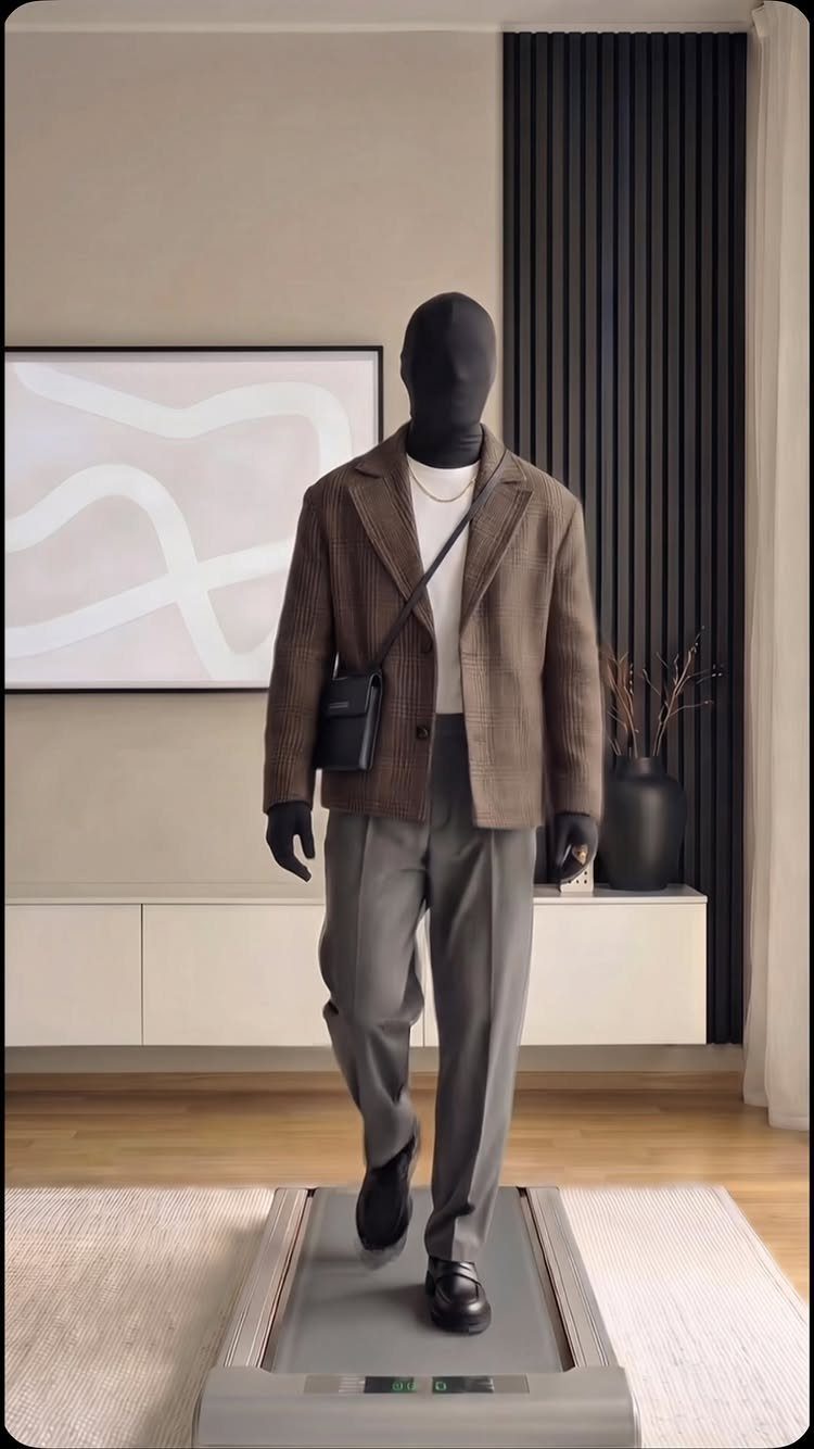 Mannequin wearing a brown blazer and grey trousers walking on a treadmill indoors.