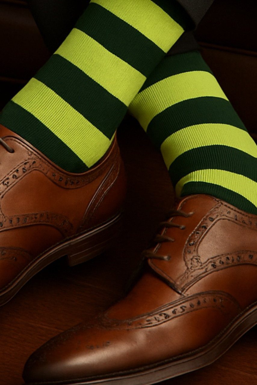 Brown leather wingtip shoes paired with lime green and dark green striped crew socks.