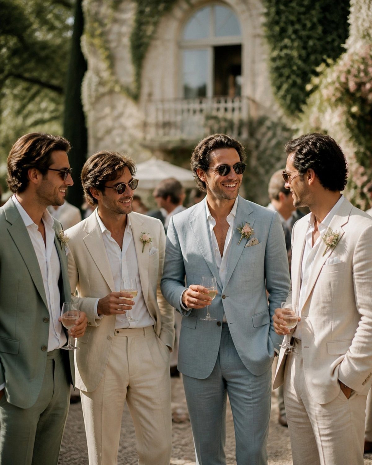 Four men wearing light-colored summer suits and sunglasses standing outdoors with wine glasses.