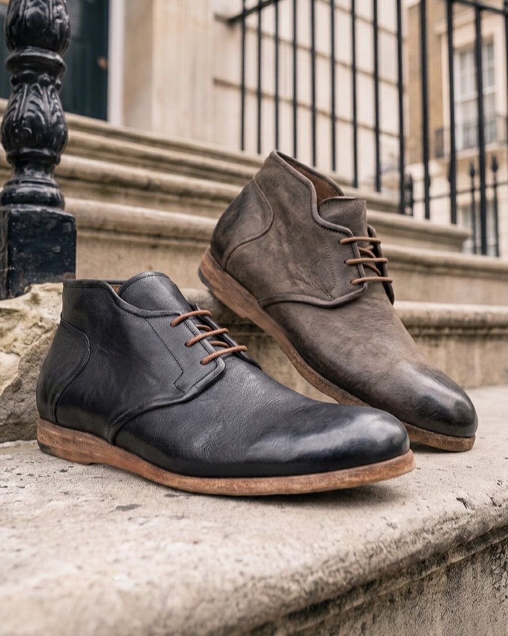 Black and brown leather chukka boots resting on light-colored stone steps.