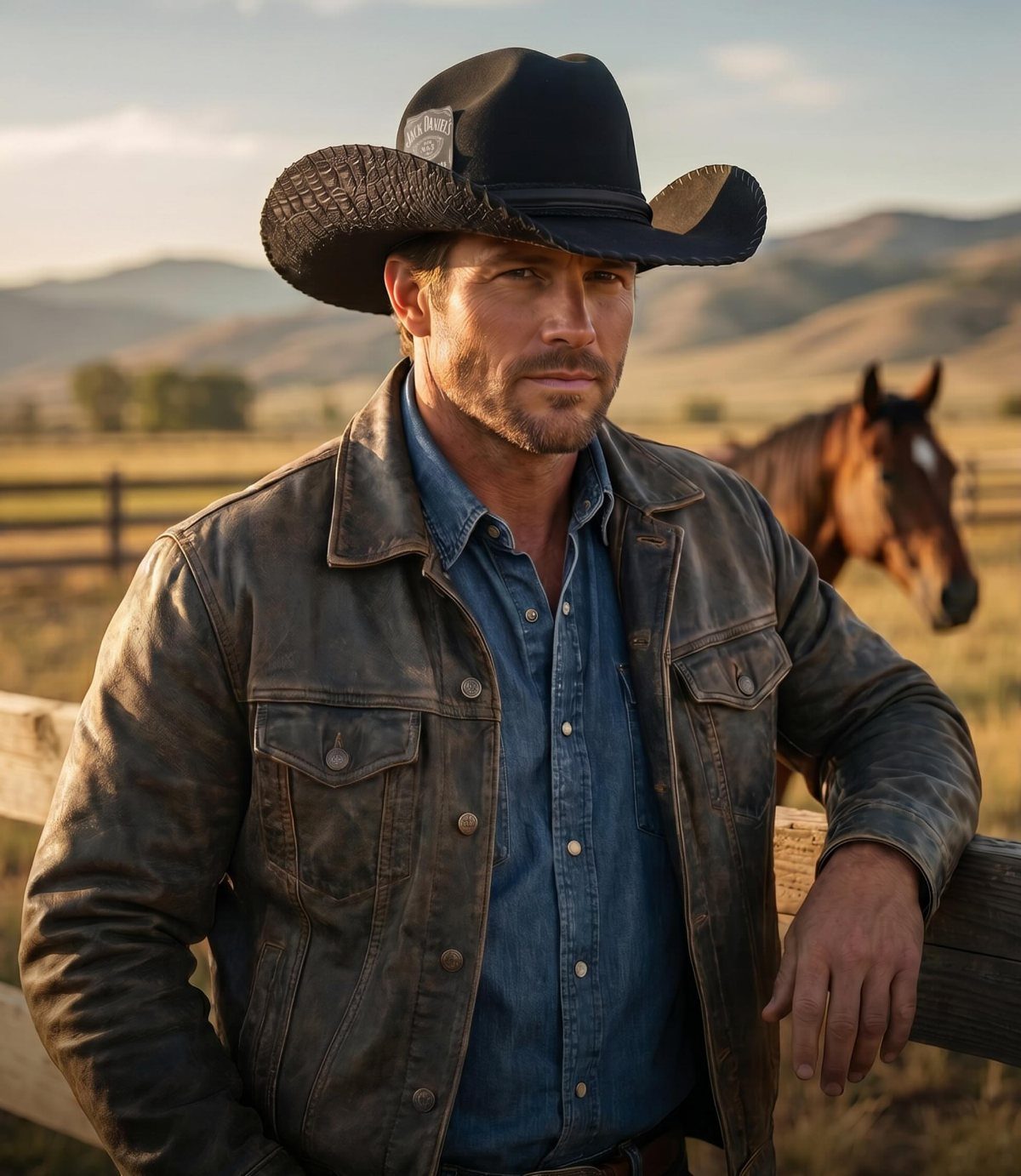 Man in black cowboy hat and denim shirt leaning on a wooden fence.