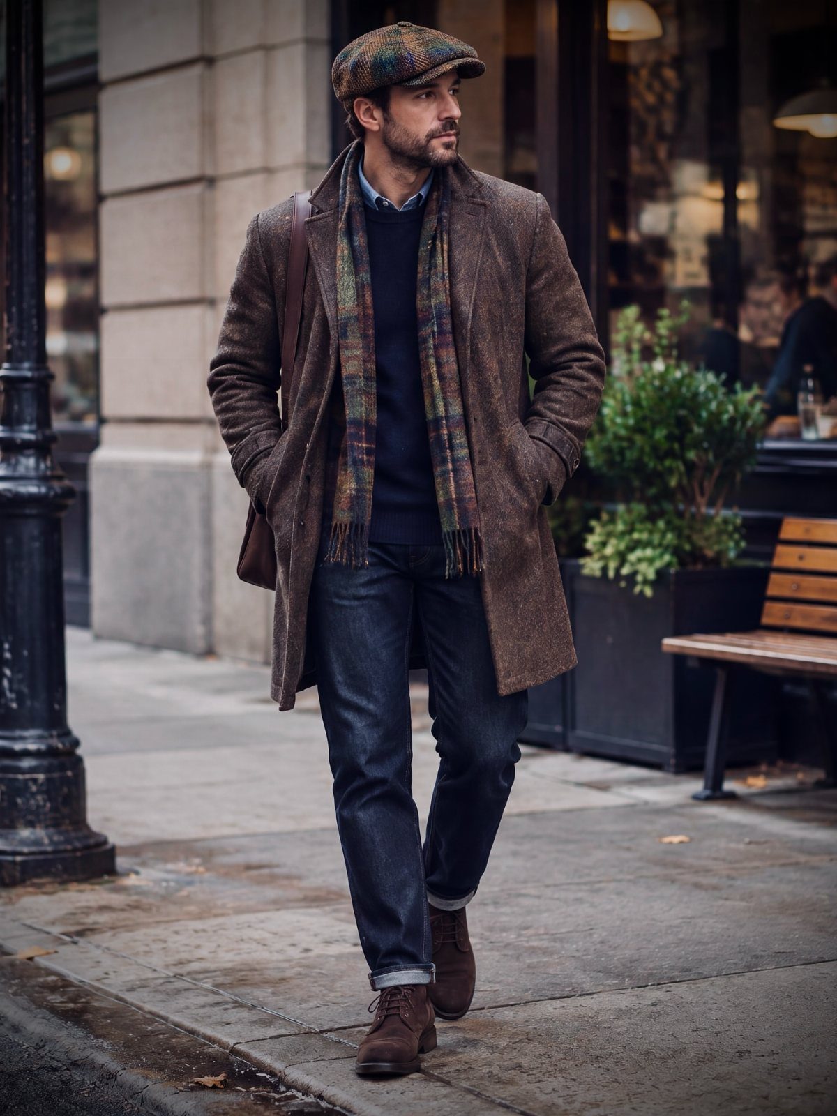 Man in a plaid flat cap and brown wool coat walking on a city street.