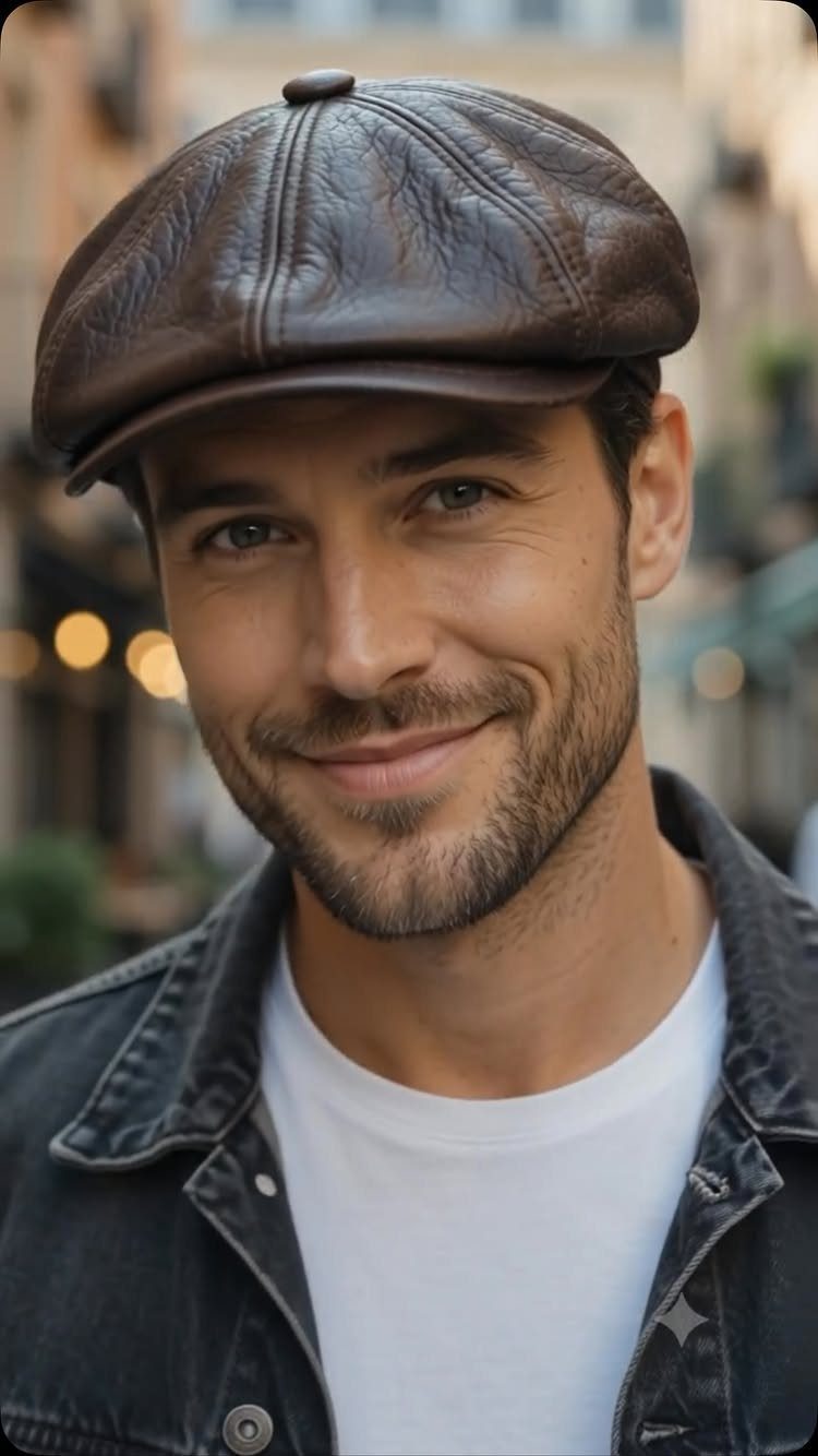 Man wearing a brown leather newsboy cap and dark denim jacket in a city.