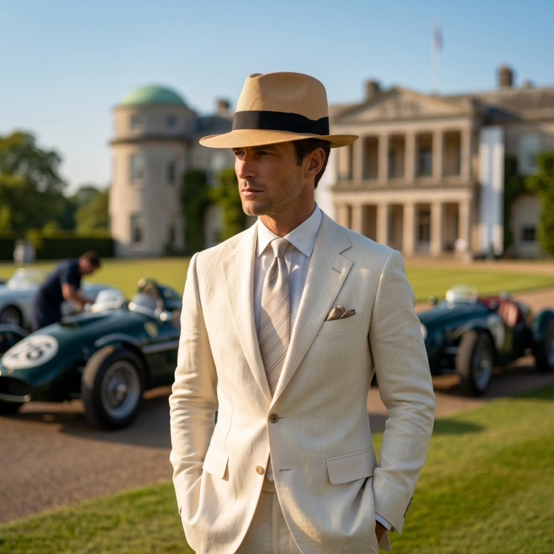 Man in a cream linen suit wearing a classic straw Panama hat outdoors.