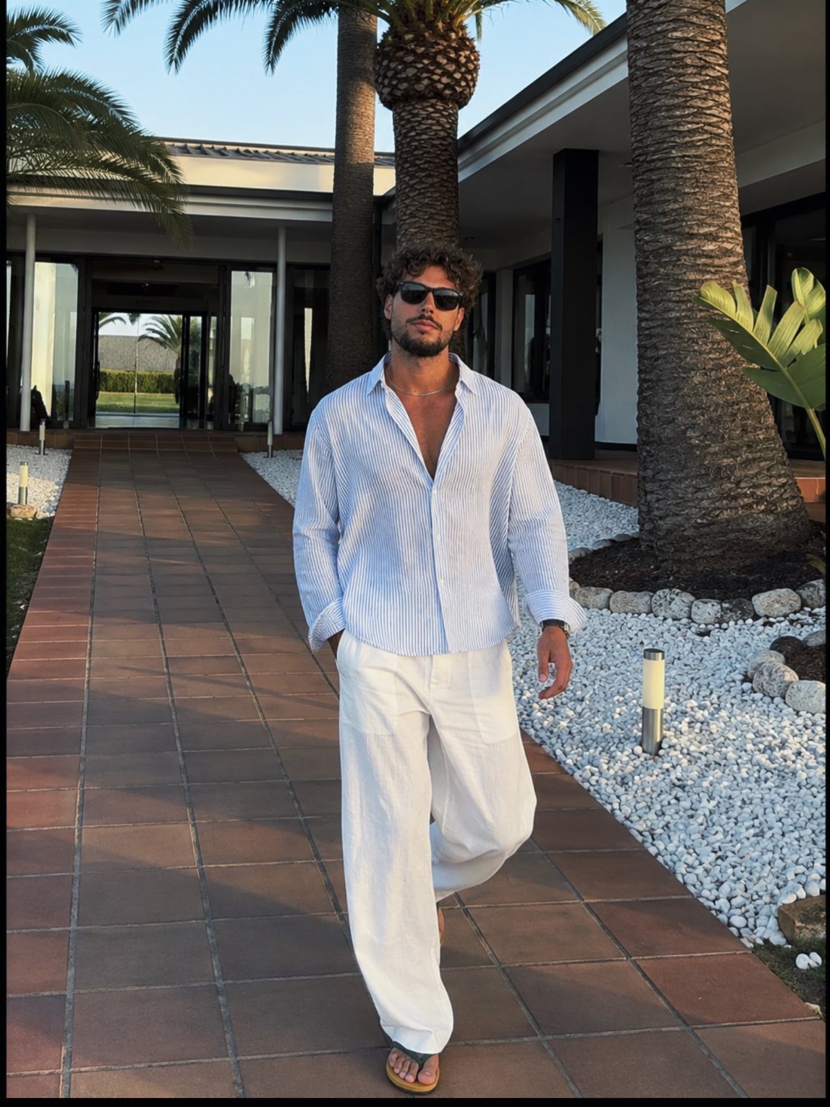 Man in striped vacation shirt and white drawstring pants walking by palm trees