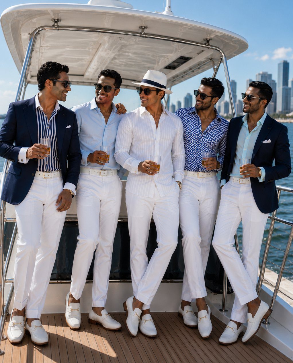Five men in white trousers and light blue shirts posing on a luxury yacht.