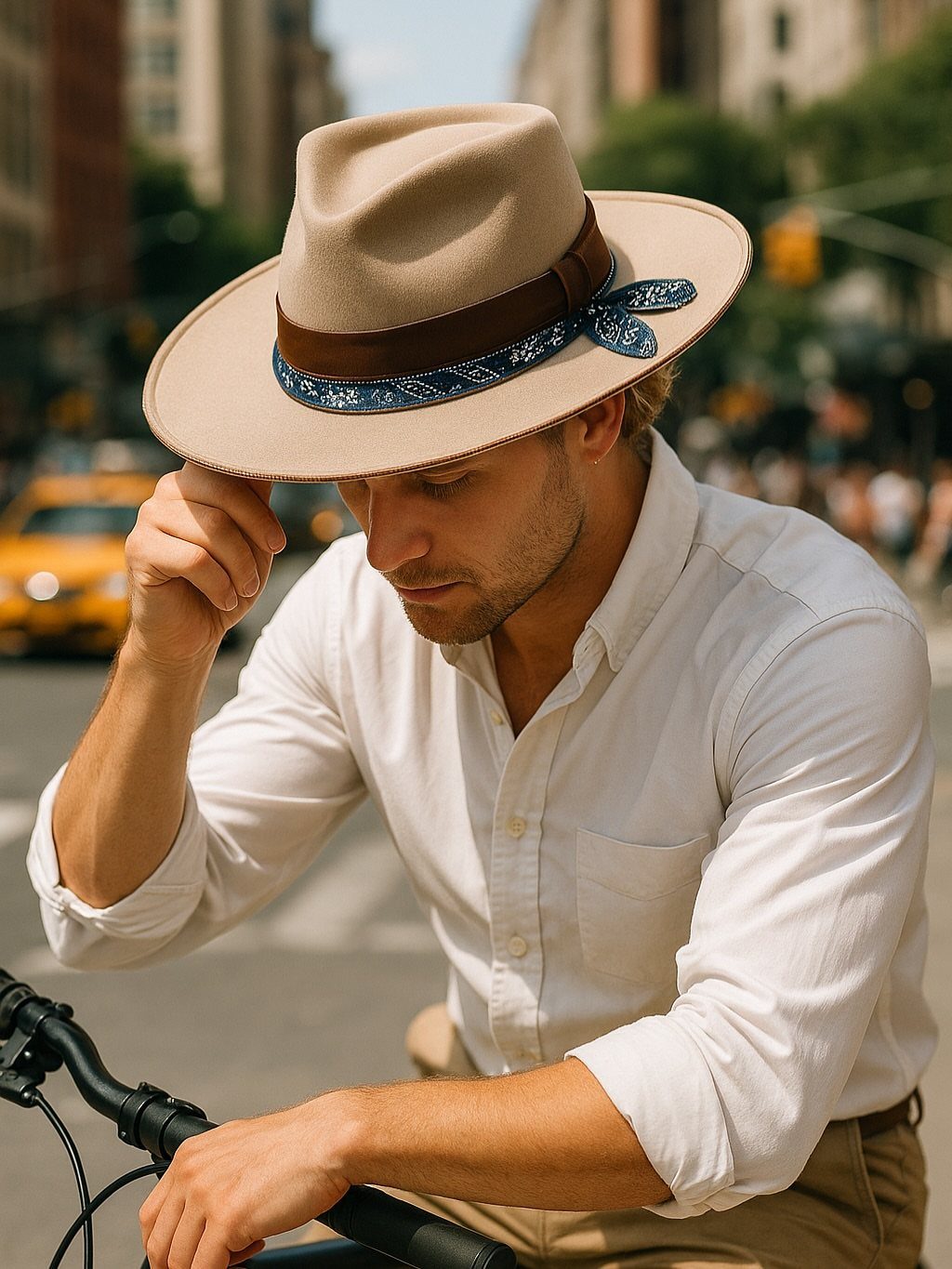Man in a tan fedora and white shirt standing on a city street.
