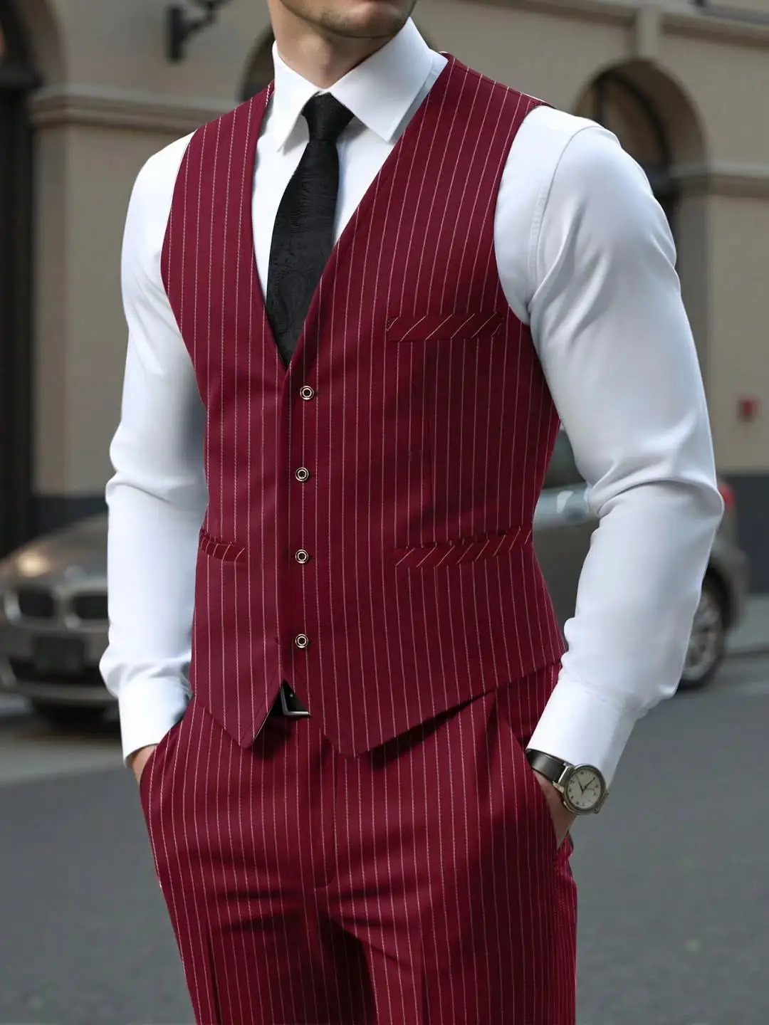 Man wearing a burgundy pinstriped vest and trousers with a white shirt and tie.