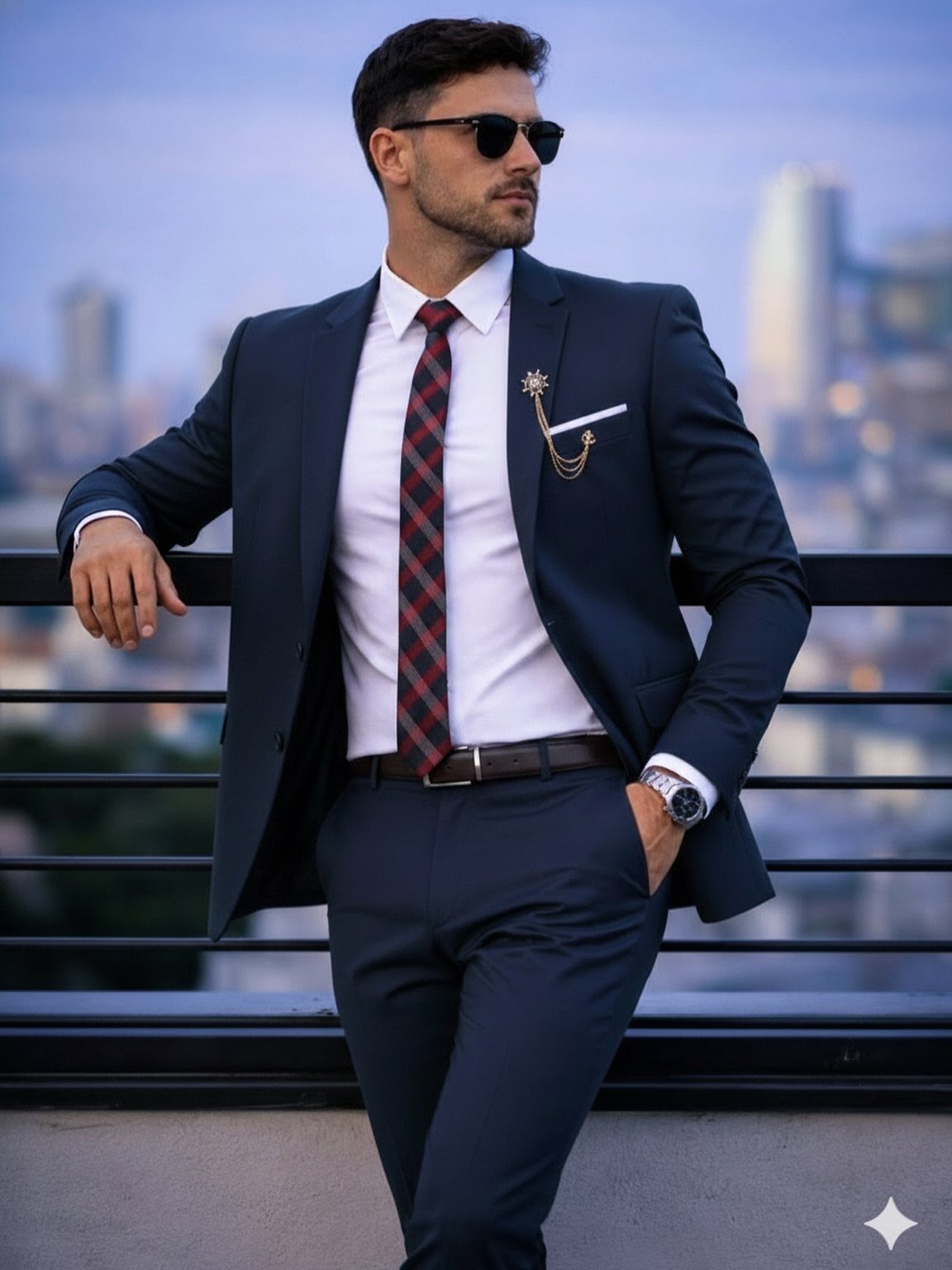 Man in a tailored navy blue suit and white shirt with a plaid tie.
