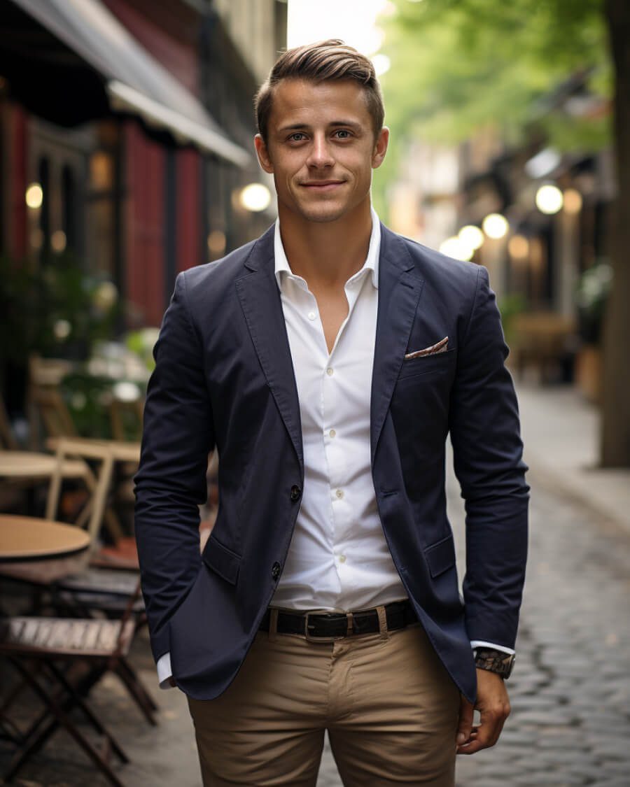 Man wearing a navy blue blazer, white shirt, and khaki trousers on a street.