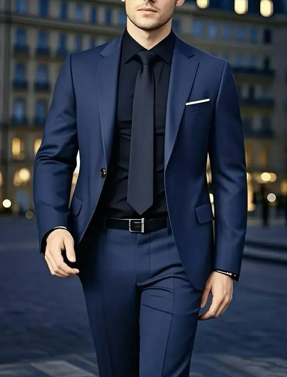 Man in a navy blue suit with a black shirt and tie.