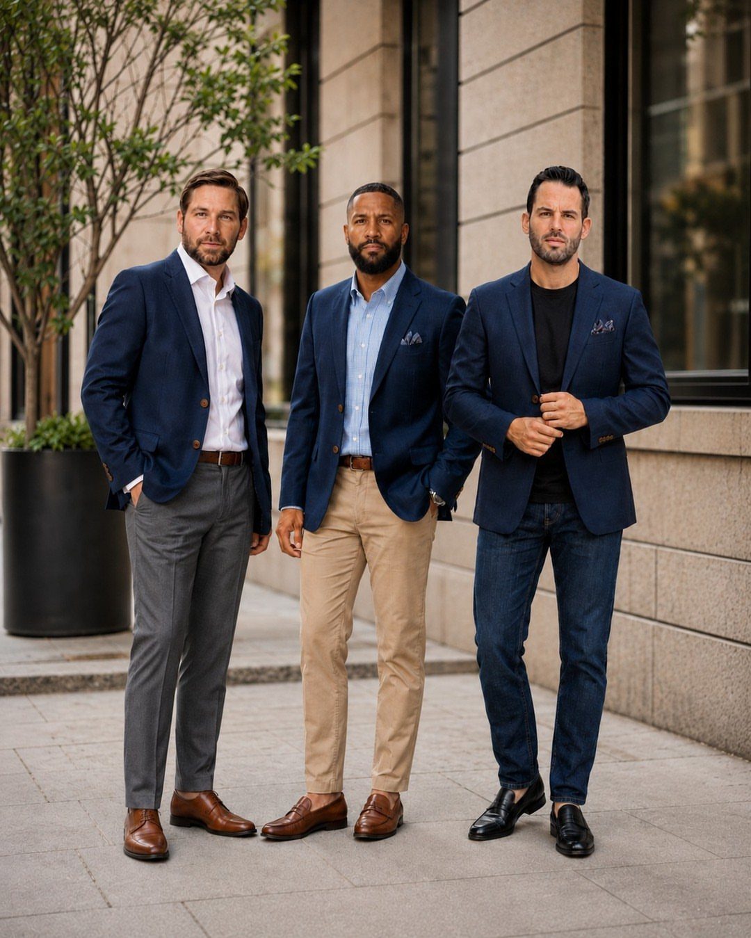 Three men wearing navy blazers paired with different trousers to show versatile business attire.