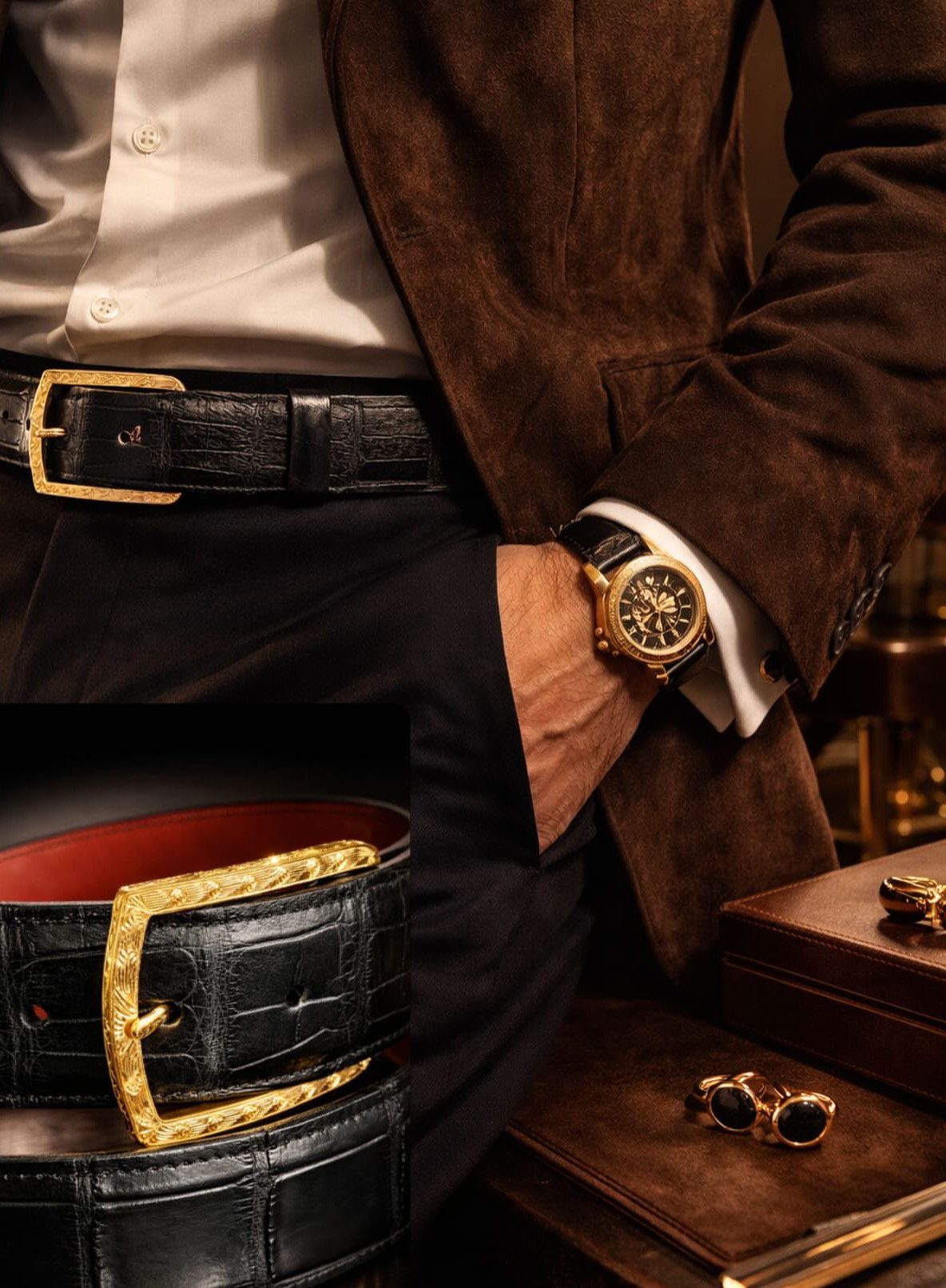 Man wearing a gold watch and black crocodile leather belt with gold buckle.