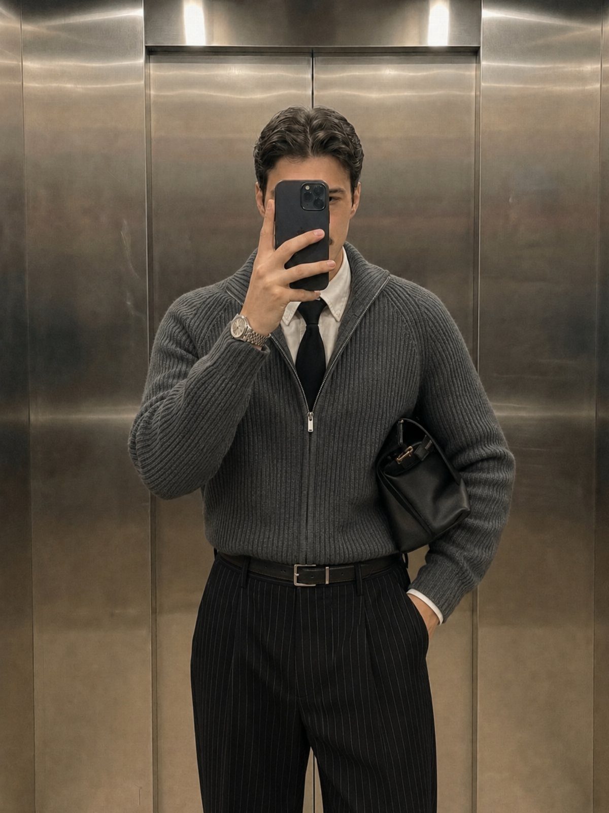 Man in grey quarter-zip sweater, black tie, and pinstripe trousers taking a mirror selfie.