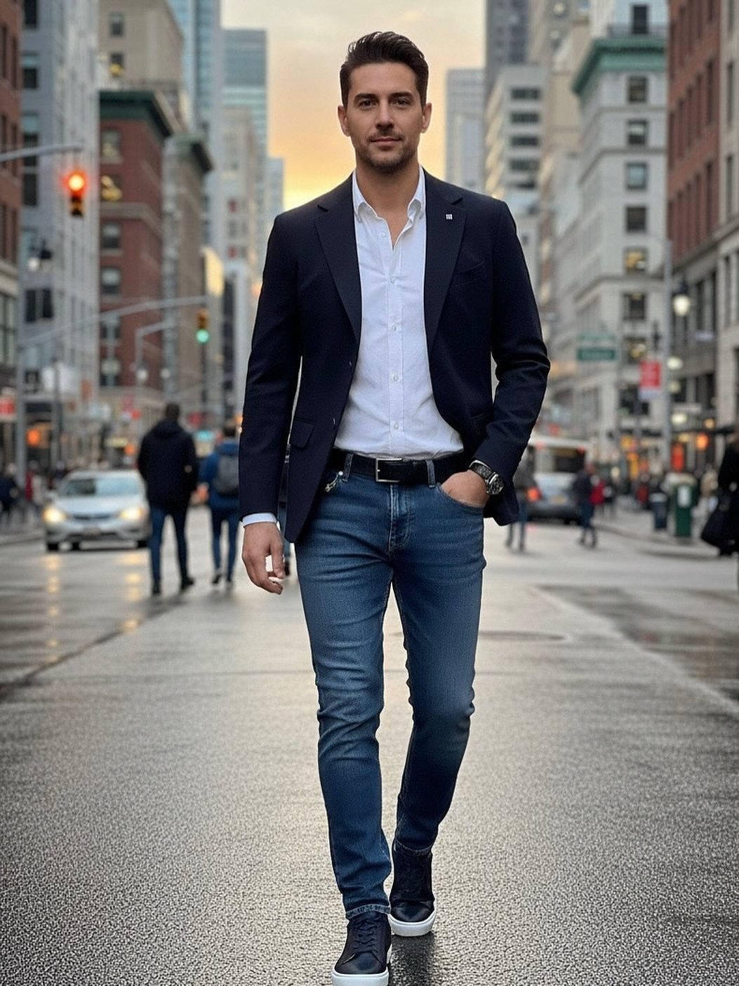 Man in navy blazer and blue jeans posing on a city street.