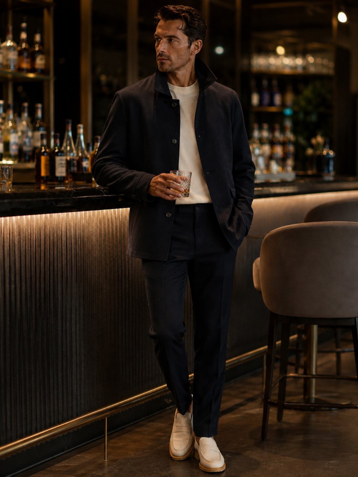 Man in navy tailored jacket and trousers standing at a luxury bar holding drink