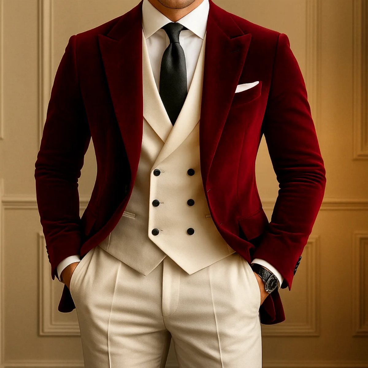 Man in a deep red velvet blazer with cream waistcoat and trousers.