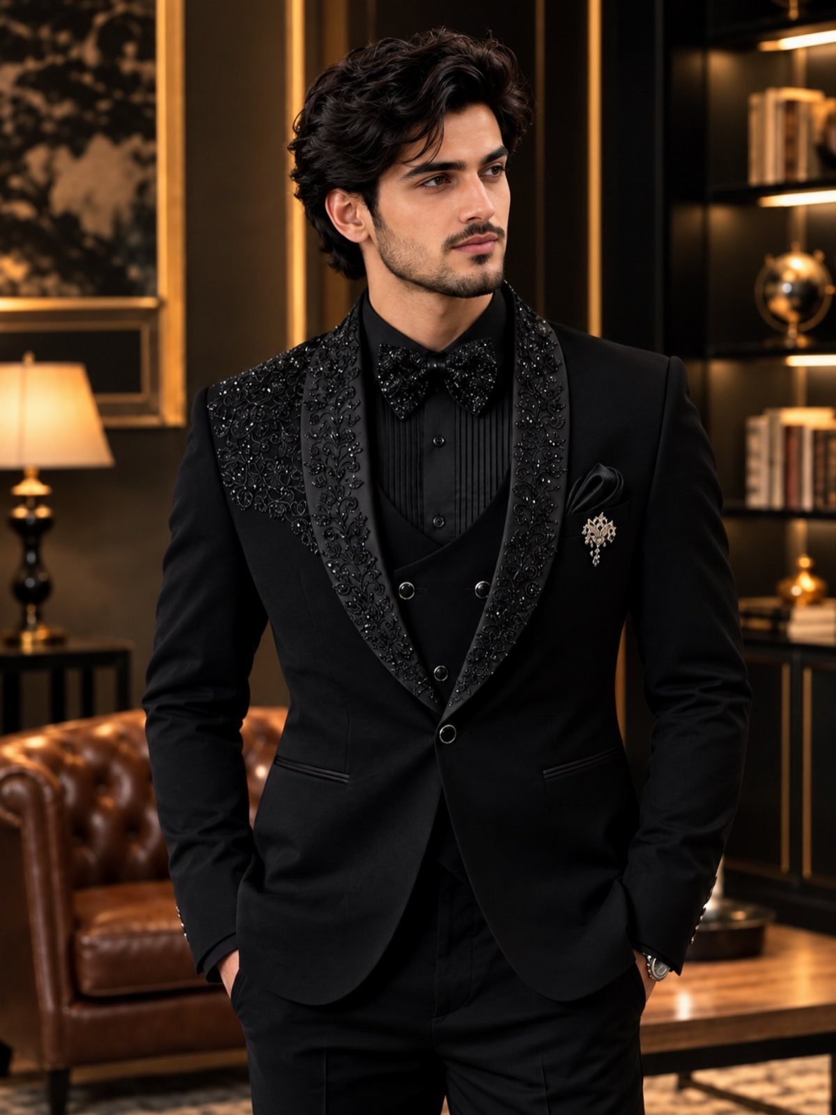 Man in a black tuxedo featuring a shimmering sequined lapel and shoulder accent.