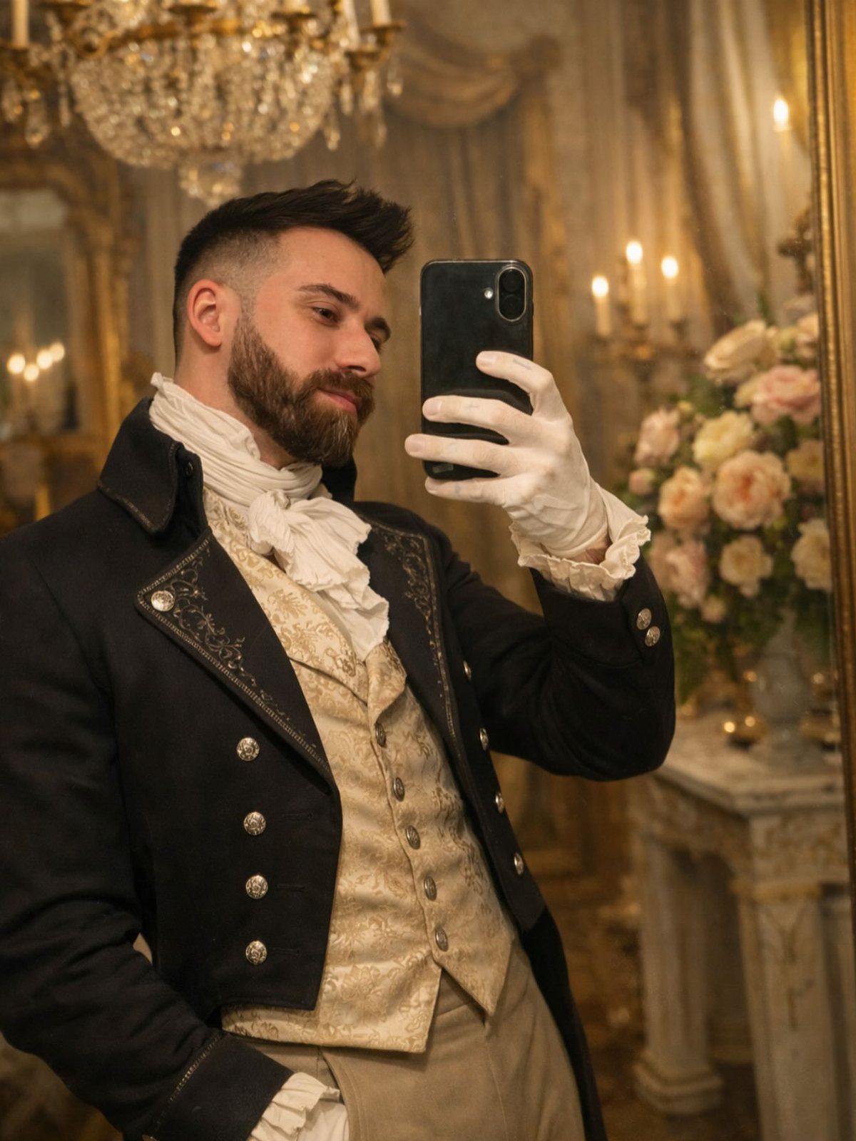 Man in Regency men's fashion wearing a black tailcoat, gold waistcoat, and white cravat.