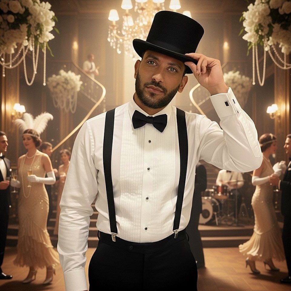Man in 1920s formal attire with top hat and bow tie in a ballroom.