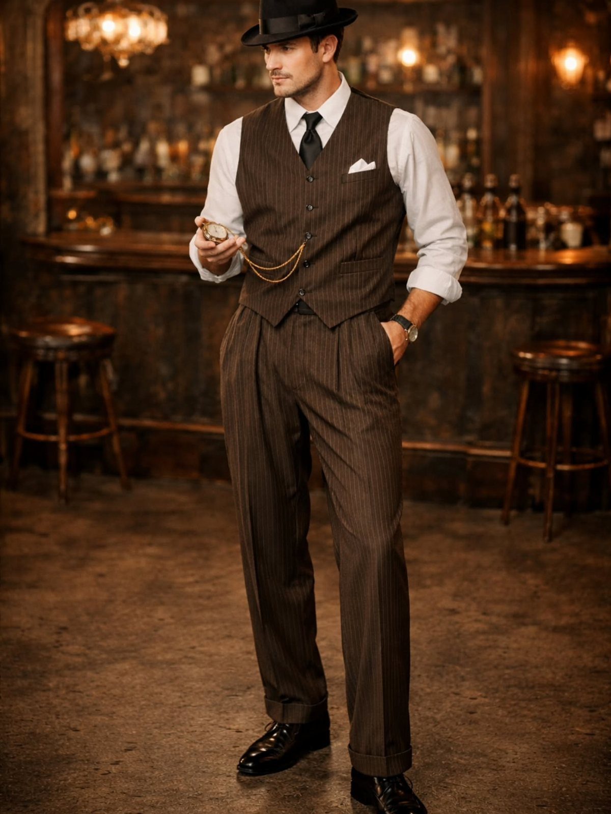 Man wearing a brown pinstriped vest and matching trousers in a vintage bar setting.