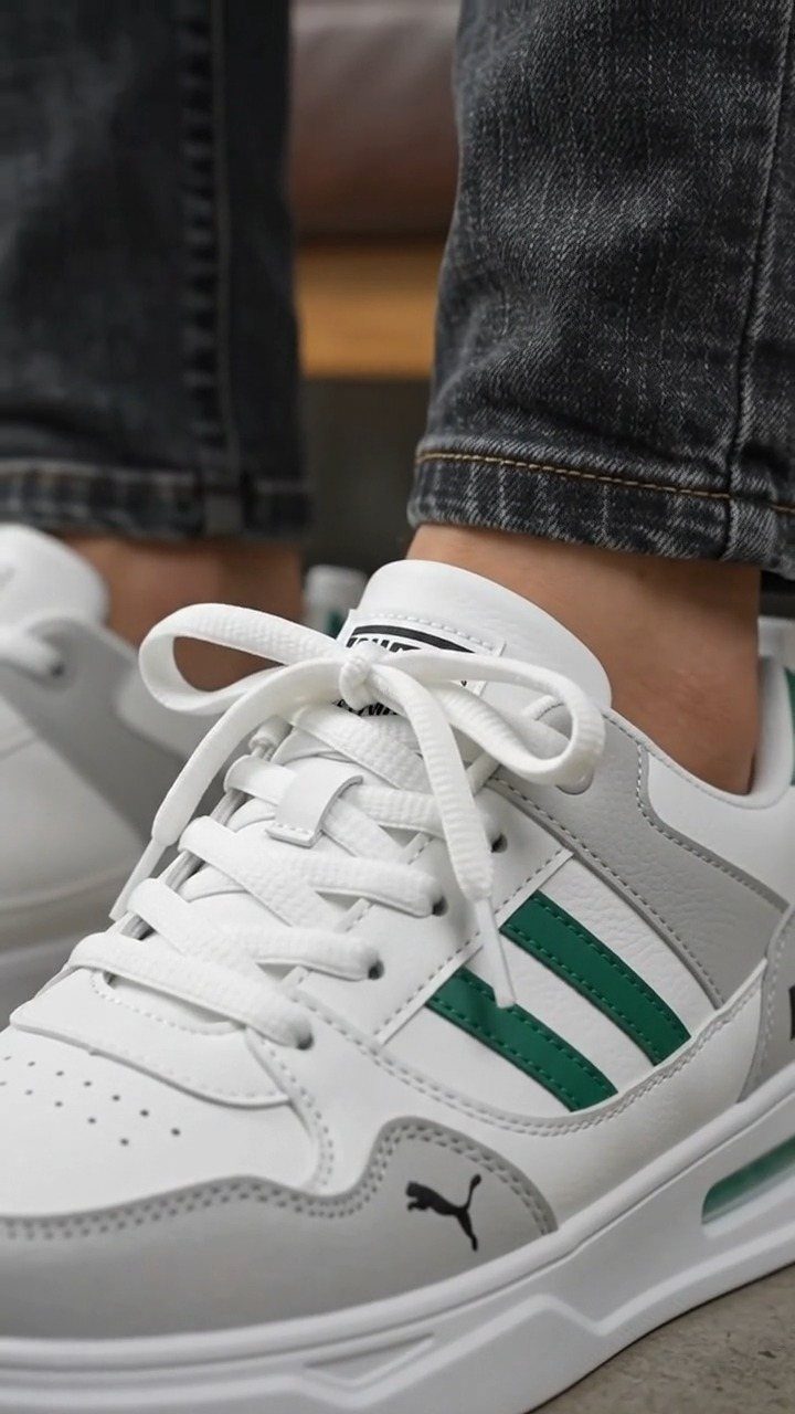White Puma sneakers with green stripes worn with dark grey denim jeans.