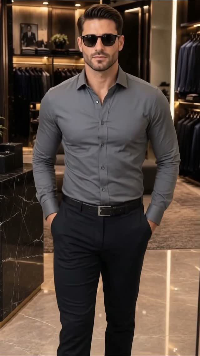 Man in a fitted grey shirt and navy trousers posing in a luxury boutique.