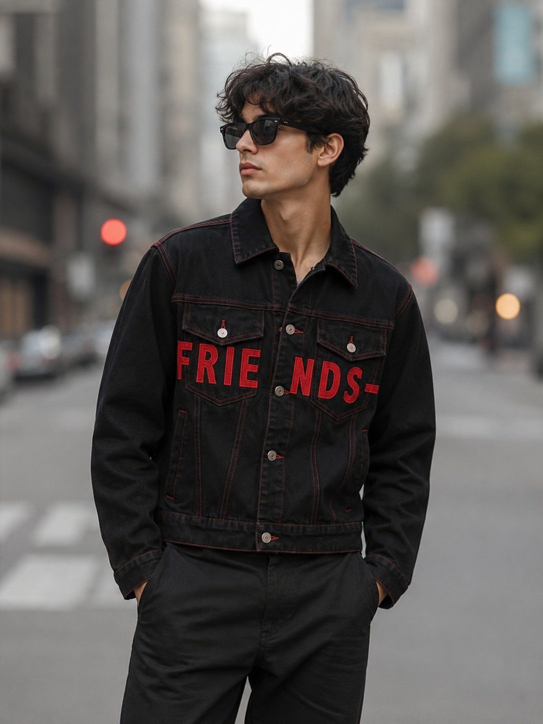 Man wearing a black denim jacket with red text on a city street.