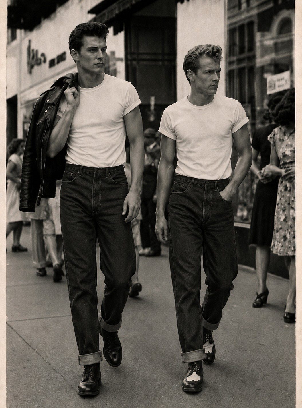 Two men in white t-shirts and cuffed jeans walking on a city street.